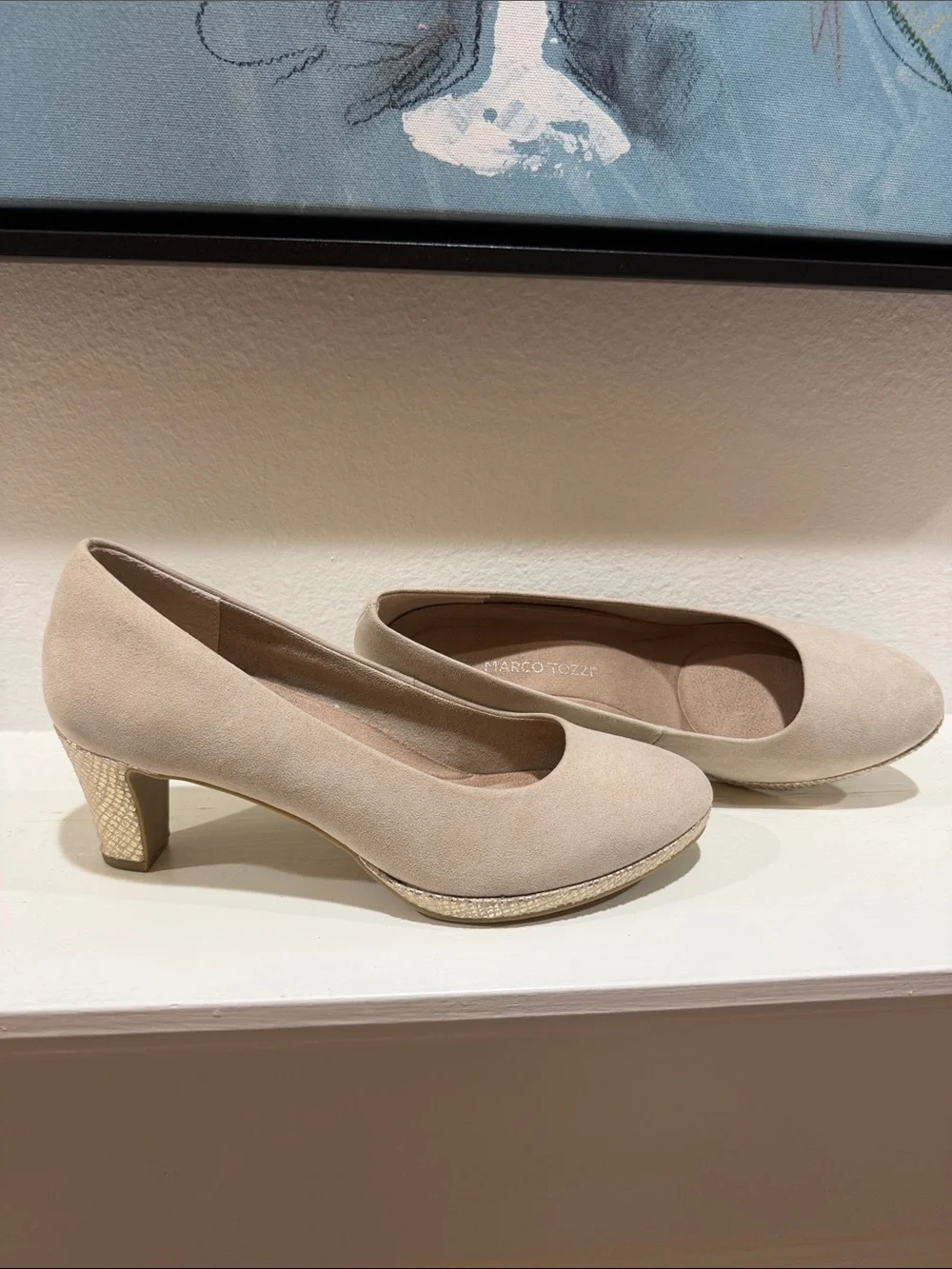 Taupe Low Block Heel Pumps with Textured Heel